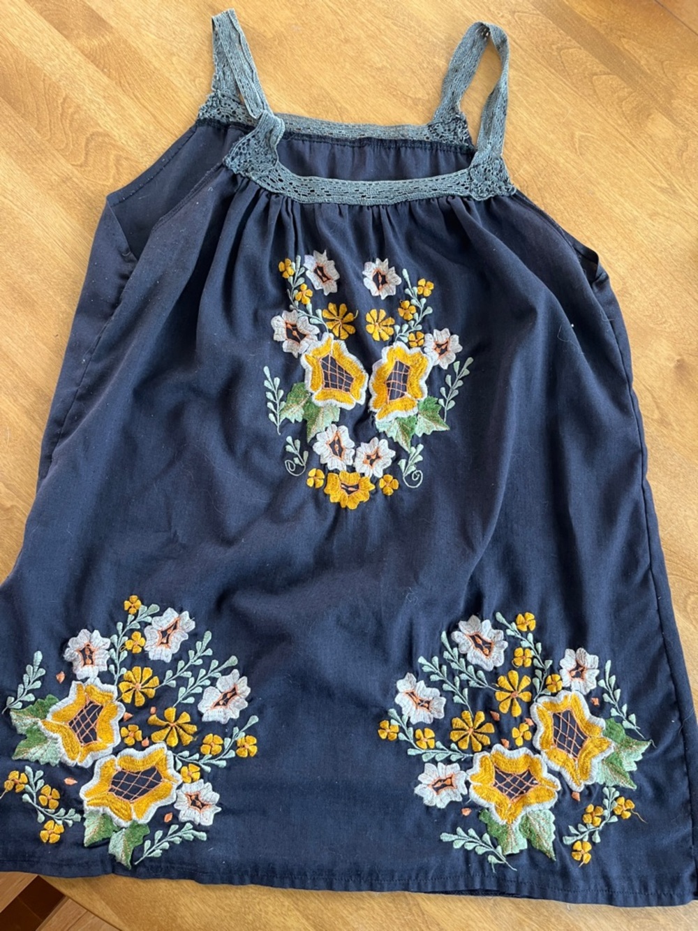 Boho Vintage Black hand- Embroidered babydoll tank- S/M One of a kind!